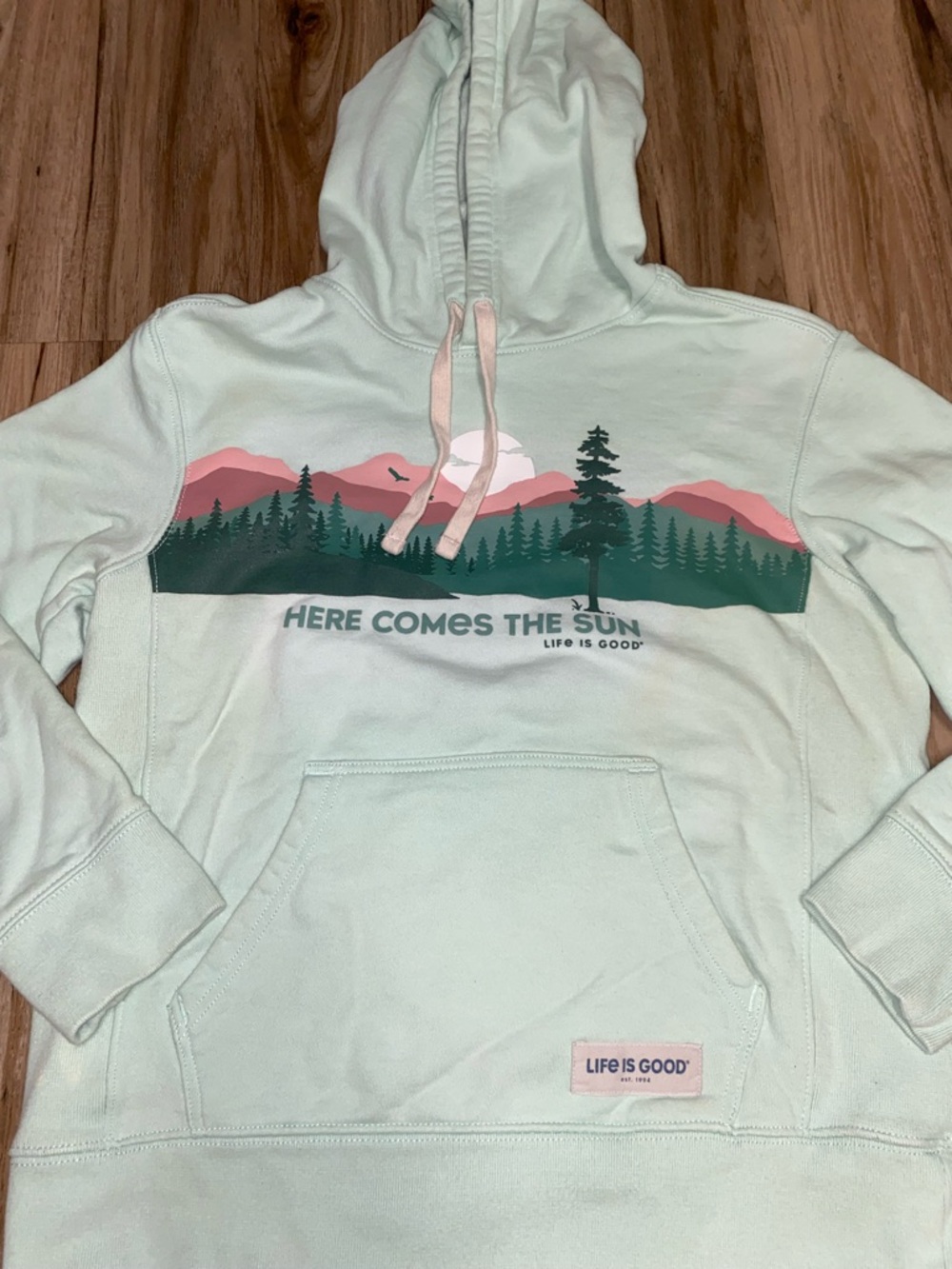 LIFE IS GOOD ‘HERE COMES THE SUN’ MINT GREEN MOUNTAIN GRAPHIC HOODIE SZ SMALL